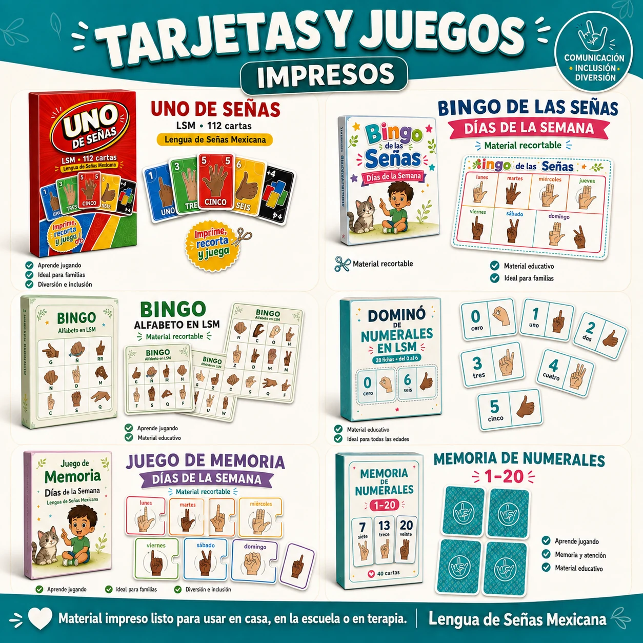 Mockup de tarjetas y juegos impresos en Lengua de Señas Colombiana